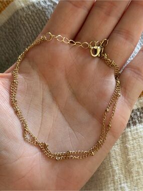 Gold Tone Double Chain Anklet Adjustable Layered Beaded Ankle Bracelet